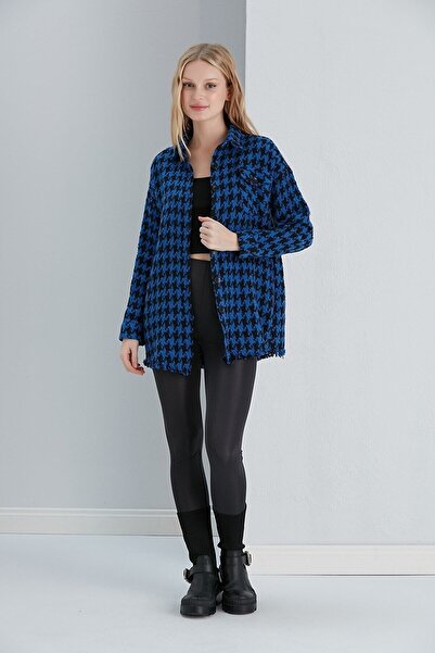 nosia fashion Women's Large Houndstooth Lumberjack Oversize Tunic Oversized Hem Tasseled Jacket Shirt