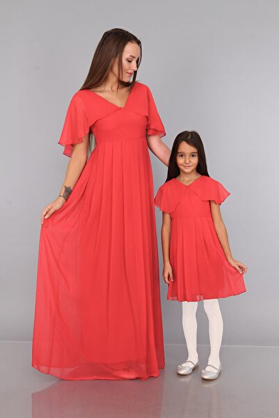 MODA LABİO Melek Kol Anne Kız Çocuk Elbise Kırmızı