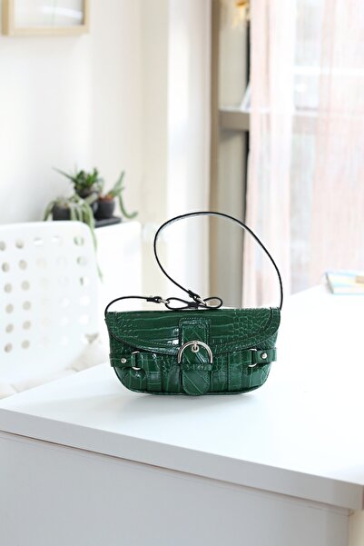 Moom Bag Жіноча сумка з зеленим ременем і блискучим крокодилячим візерунком