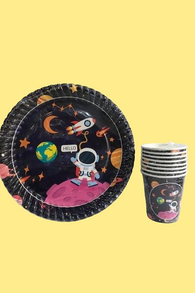 ECE PARTİ Space Themed Cardboard Plate and Cup Set for 8 People