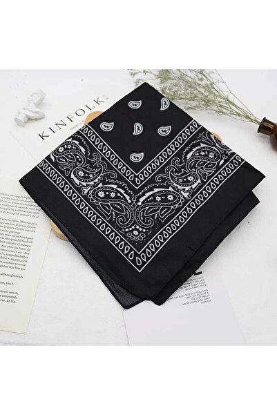 MutluBiDünya Vintage Siyah Renk Etnik Desen Kare Pamuklu Bandana Fular
