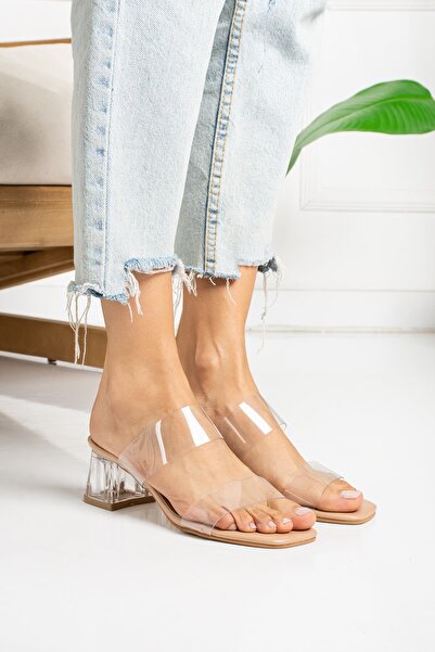 Allyup Μπεζ παντόφλες με διαφανή ταινία λεπτομέρεια γόβες με αγκράφα Γυναικεία παπούτσια casual Μαύρο και άσπρο σανδάλια