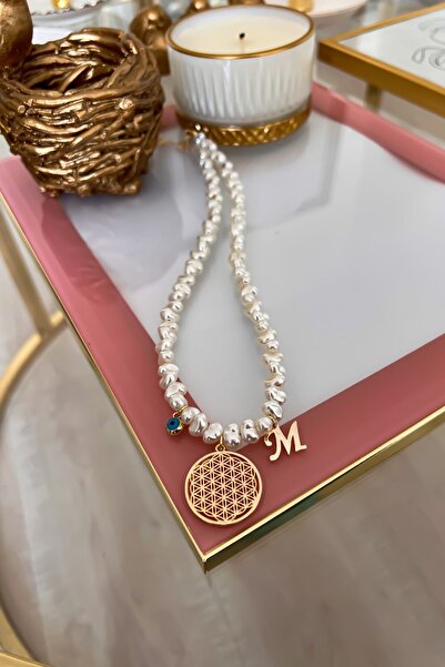 Trendy Butik Kişiye Özel M Harfli Ve Nazar Sallantılı Inci Sıralı Yaşam Çiçeği Kolye