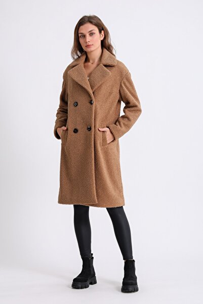 Leather Club Camel Kruvaze Yün Kaban