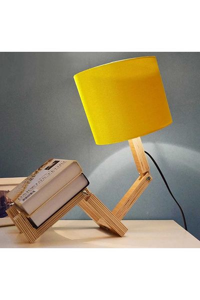 TEKAY AYDINLATMA Sitting Man Lampshade Natural Wooden Movable Body Yellow Jute Rope Head with Bookshelf