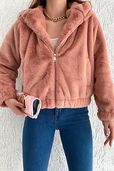 FEMELLE Γυναικείο βελούδινο γούνινο παλτό με κουκούλα με φερμουάρ