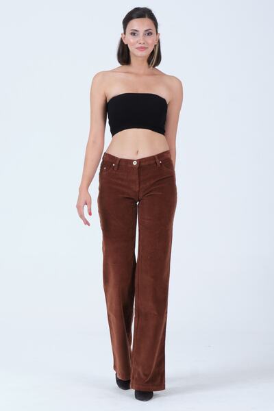 Barkaist Kadın Kahverengi Normal Bel Flare Paça Fitilli Kadife Pantolon