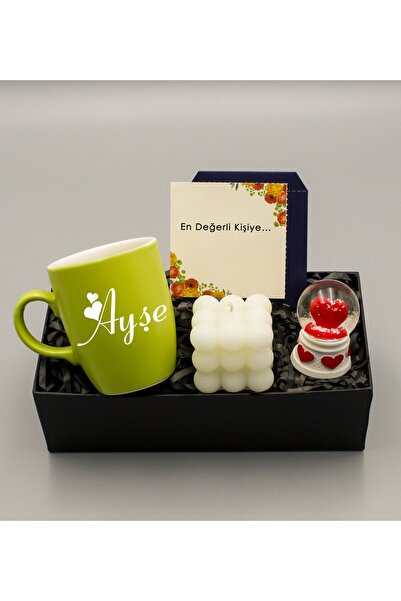 Genel Markalar Yeşil Bulut Kupa & Bubble Mum & Kalp Detaylı Kar Küresi Hediye...