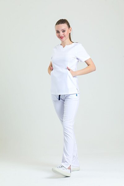 Wio Uniform Freesıa- Kadın Likralı Beyaz Doktor Hemşire Cerrahi Üniforma Takımı