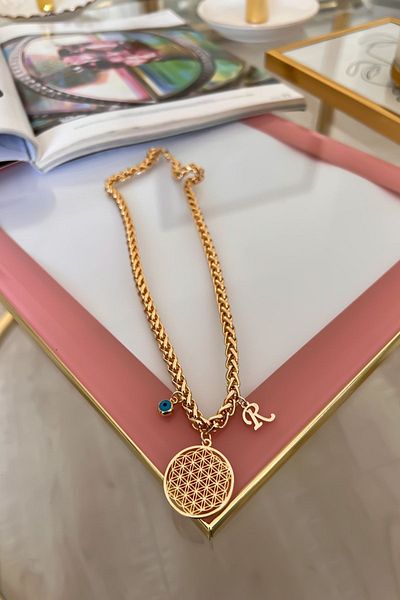 Trendy Butik سلسلة سميكة متماسكة نموذج R حرف وعين الشر المعلقة زهرة الحياة