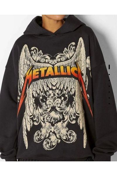 Machetta Hanorac cu glugă supradimensionat cu imprimeu Metallica față și spate „mărimea b”.