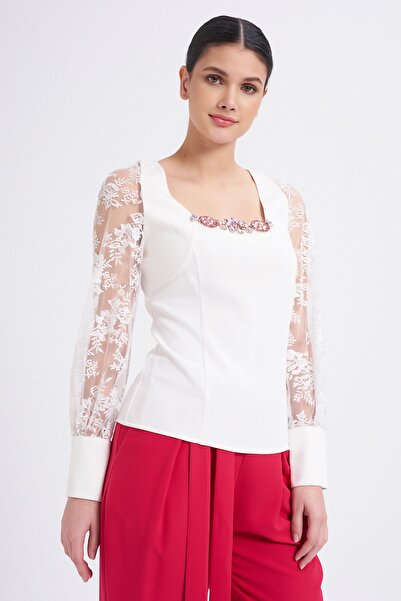Balizza Kolları Tül Yakası Taş Aksesuarlı Bluz
