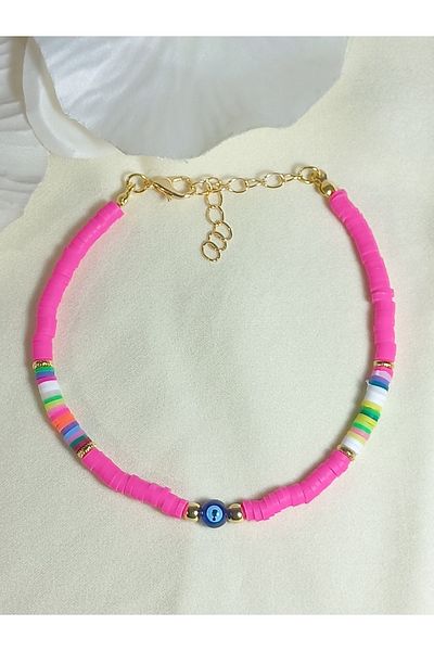 İPAR AKSESUAR Pink Fimo Beaded Evil Eye Anklet