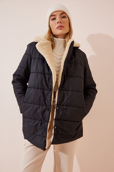 Happiness İstanbul Schwarze Pufferjacke aus Kunstwolle für Damen RV00083