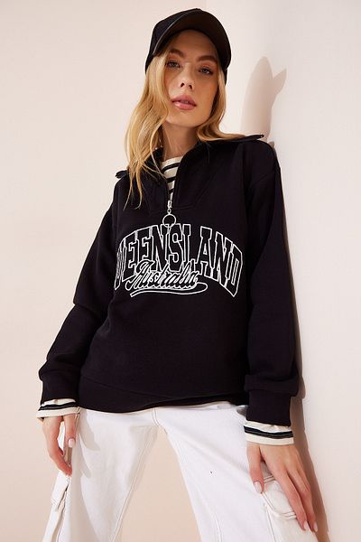 Happiness İstanbul Women's Black Stand Collar Zippered Knitted Sweatshirt US00862