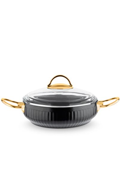 Lines 7 Parça Desenli Altın Metal Kulplu Granit Güveç Tencere Seti Siyah