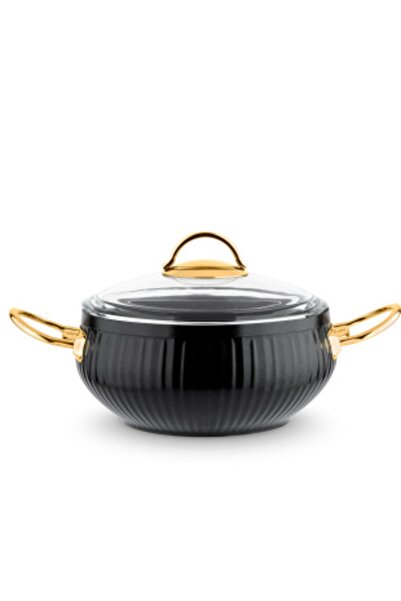 Lines 7 Parça Desenli Altın Metal Kulplu Granit Güveç Tencere Seti Siyah