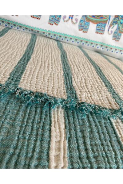 YASEMİNİNEVİ Turkuaz/ Ekru , Çizgili Tek Kişilik Müslin Yatak Örtüsü/pike