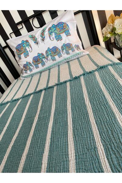 YASEMİNİNEVİ Turkuaz/ Ekru , Çizgili Tek Kişilik Müslin Yatak Örtüsü/pike