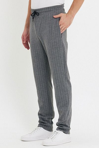 ENQUE Men's Striped Elastic Waist Chino Loose Gray Trousers