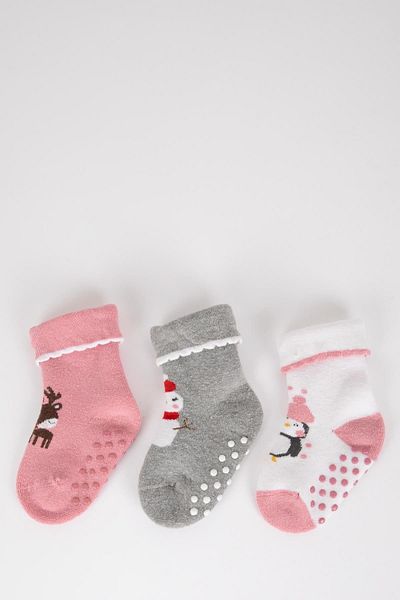 DeFacto Baby Girl Christmas Themed Non-Slip Sole 3-Piece Cotton Long Socks Y7811a2ns