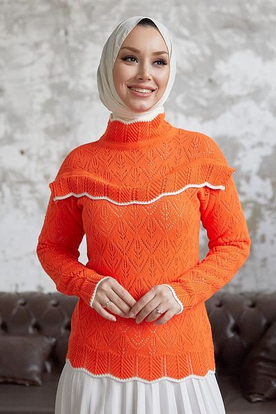 InStyle Alvi Ruffle Detailed Striped Knitwear Sweater - Orange