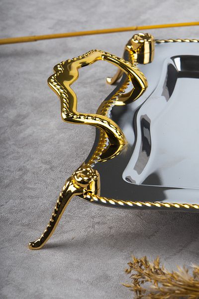 Nehir Stainless Satin Tea Coffee Serving Tray - Gold Legs, 18/10 Steel