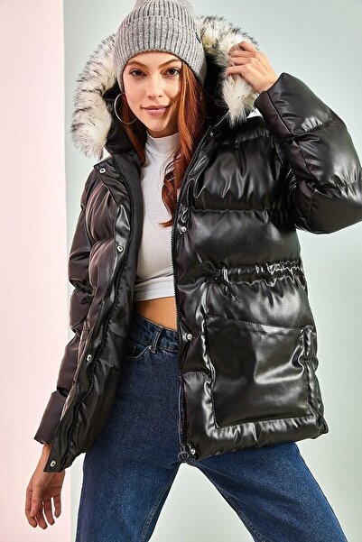 buqre's moda Kadın Kapüşonu Kürklü Şişme Deri Mont