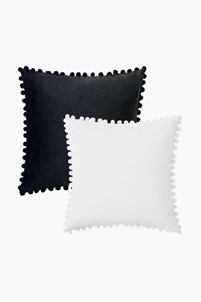 Bc Home Set of 2 Black and White Small Pompom Soft Textured Throw Pillow Cove...