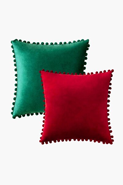 Bc Home 2-Piece Red - Pine Green Small Pompom Soft Textured Throw Pillow Cove...