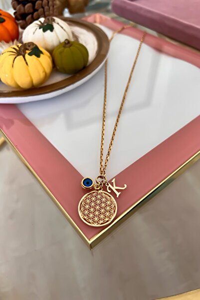 Trendy Butik Kişiye Özel K Harfli Ve Nazar Sallantılı Yaşam Çiçeği Kolye