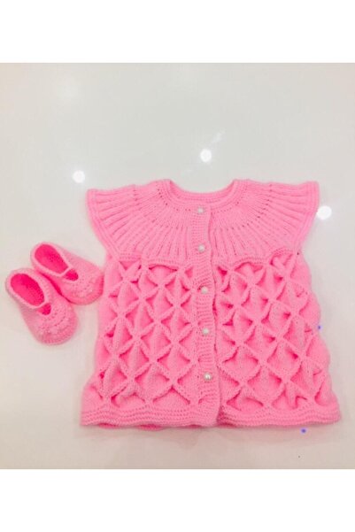 OYUNCAKPARK Örgü Pembe Kız Bebek Yelek Takımı