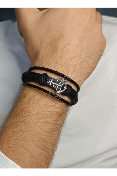 BSN Takı Sailor Anchor Figured 3-in-1 Genuine Leather Bracelet