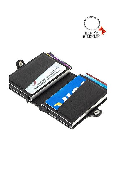 Newish Polo Alva Clup Rfid Blocker με διπλό αυτόματο μηχανισμό κάρτας Θήκη κάρτας Πορτοφόλι μαύρο (6,5x9,5 cm