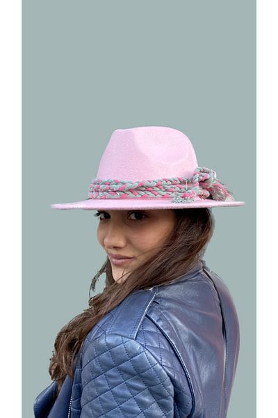 laviyonsa Pink Special Design Knit Accessory Cowboy Felt Hat