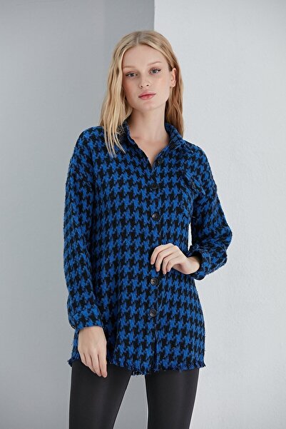 nosia fashion Women's Large Houndstooth Lumberjack Oversize Tunic Oversized Hem Tasseled Jacket Shirt