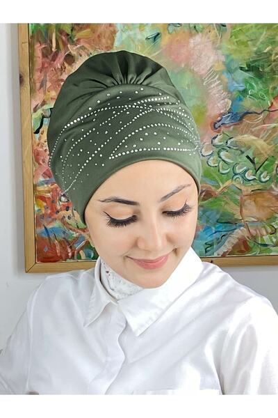 BUTİKAMBAR Firuze Model Taşlı Kına Yeşili Bone