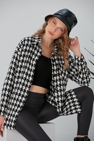 nosia fashion Women's Large Houndstooth Lumberjack Oversize Tunic Oversized Hem Tasseled Jacket Shirt