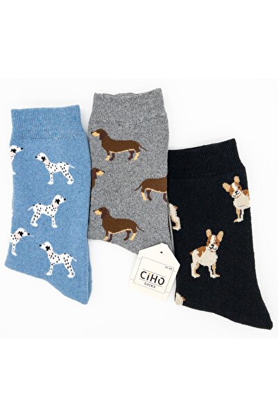 CİHO Șosete zilnice 3 perechi de femei prosop complet moale, distracție, modele de câini, șosete de iarnă