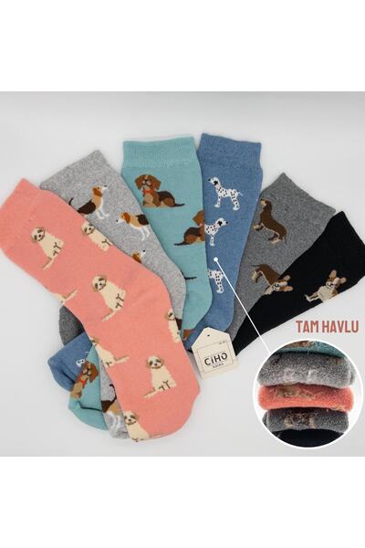 CİHO Socks Daily 6 Çift Kadın Tam Havlu Yumuşak Eğlenceli Köpek Desenler Kışlık Soket Çorap