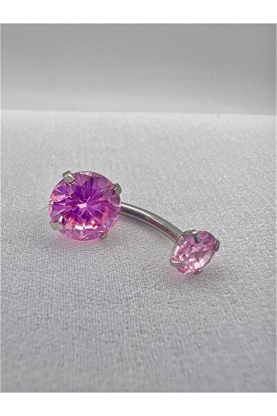 MAZEN Cerahhi Çelik Göbek Piercing Yuvarlak Zirkon Taşlı Pembe