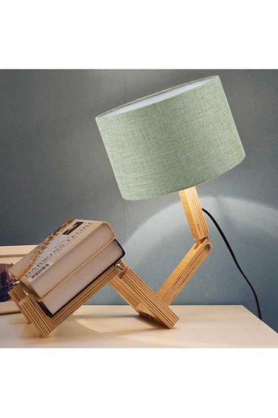 TEKAY AYDINLATMA Sitting Man Lampshade Natural Wood with Movable Body Green Jute Head and Bookshelf