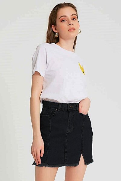 fehika Жіночі чорні джинсові міні-спідниці з розрізом, бахромою та кишенями