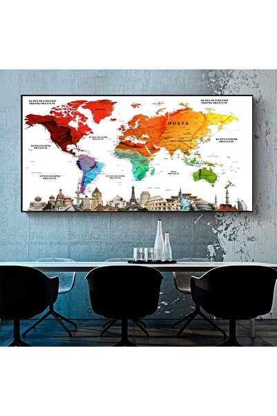 idora Türkçe Vintage Özel Tasarım Dünya Haritası Kanvas Tablo