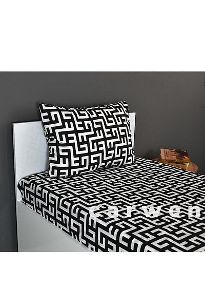 CARWEN TEKSTİL Single Ranforce Cotton Fabric Elastic Sheet Set 100x200 Black Maze