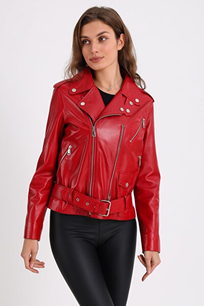 Leather Club Kırmızı Biker Deri Ceket