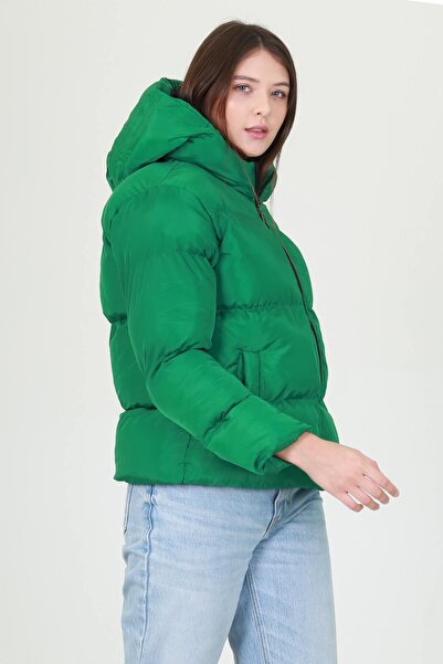 Neşeli Butik Γυναικείο παλτό πράσινο με κουκούλα Λεπτομέρεια με φερμουάρ Φουσ...