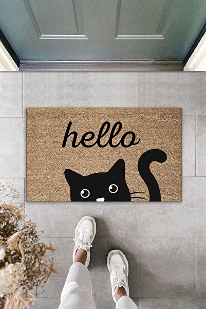 Pazarova Siyah Kedi Hello Yazılı Modern Dekoratif Iç Ve Dış Kapı Önü Paspası ...