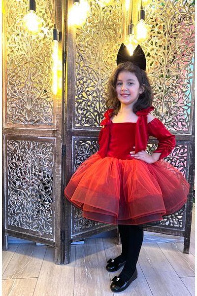 zühre balaban Red Black Velvet Bow Detailed Girl's Evening Dress Red Velvet Toddler Dress