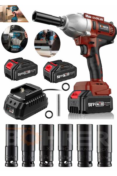 BÖHRER Akülü Darbeli Anahtar Fırçasız Red 1/2 Inç Yüksek Torklu Somun Sıkma 2x 5.0ah Pil + 5 Soket Takımı